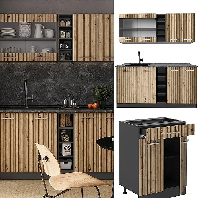 Vicco Singleküche R-Line, Artisan Eiche/Anthrazit, 160 cm -  - Moderne Küchenschränke mit hellen Holzlamellenfronten, dunkelgrauen Rahmen, Arbeitsplatten und silbernen Griffen. Ober- und Unterschränke mit Spüle.