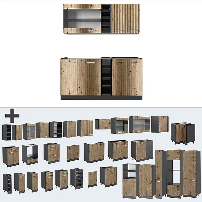Vicco Singleküche R-Line, Artisan Eiche/Anthrazit, 160 cm -  - Modulare Küchenschränke mit Holzoptik-Lamellentüren und dunkelgrauen Rahmen, inkl. Ober-, Unter- und Vorratsschränken.