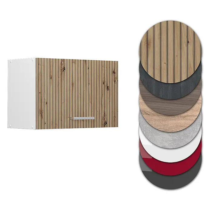 Vicco Schrankküche R-Line Artisan-Eiche Flach - Artisan-Eiche, Hängeschrank 60 cm (flach) - Wandschrank mit geriffelter Holzfront und silbernem Griff, präsentiert mit verschiedenen Material- und Farboptionen.