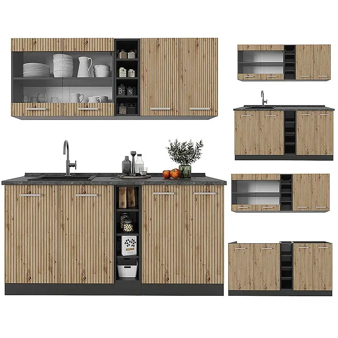 Vicco Singleküche R-Line, Artisan Eiche/Anthrazit, 160 cm -  - Helle Holz-Küchenschränke mit gerillter Textur, dunkelgrauen Akzenten, offenen Regalen, Spüle und silbernen Griffen.