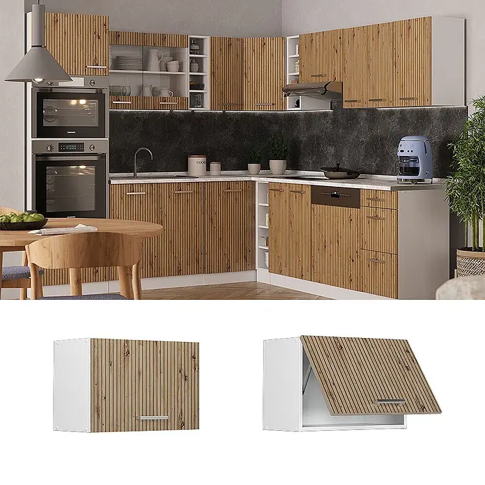 Vicco Schrankküche R-Line Artisan-Eiche Flach - Artisan-Eiche, Hängeschrank 60 cm (flach) - Eckküche mit gerippten Naturholzfronten und weißen Rahmen.
