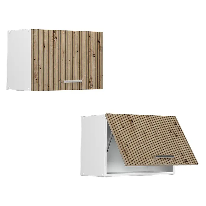 Vicco Schrankküche R-Line Artisan-Eiche Flach - Artisan-Eiche, Hängeschrank 60 cm (flach) - Weißer Wandschrank mit Holzlamellen-Klapptür und silbernem Griff.