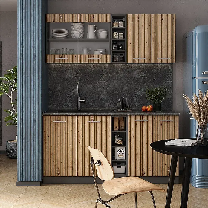 Vicco Singleküche R-Line, Artisan Eiche/Anthrazit, 160 cm -  - Moderne Küche mit hellen Holzlamellenschränken, dunkler Arbeitsplatte und integriertem Spülbecken.