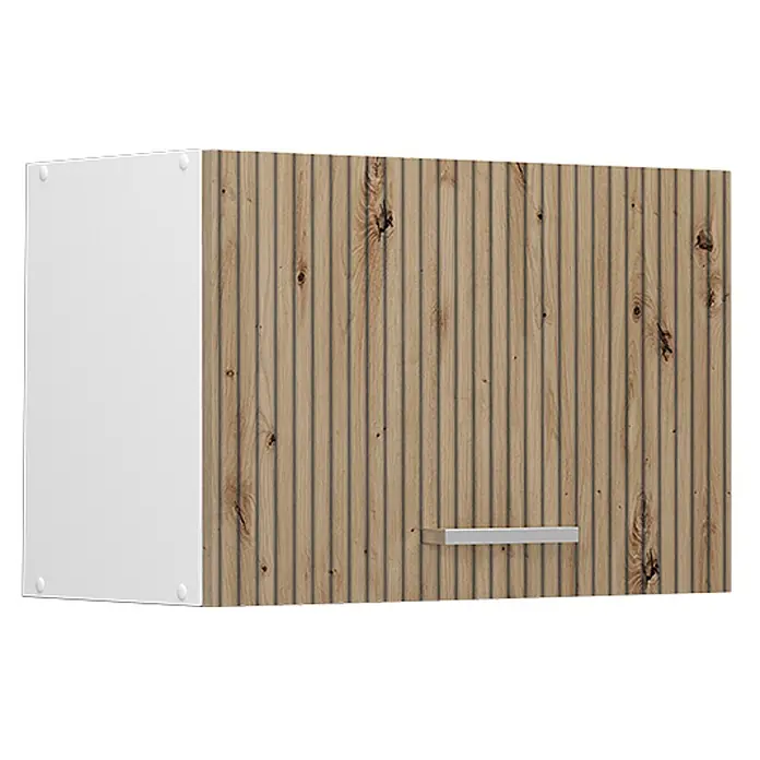 Vicco Schrankküche R-Line Artisan-Eiche Flach - Artisan-Eiche, Hängeschrank 60 cm (flach) - Weißer Küchenhängeschrank mit gerippter Holztür und silbernem Griff.