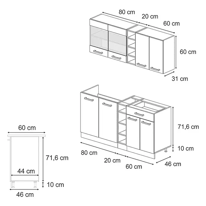 Vicco Singleküche R-Line Artisan-Eiche/Goldkraft Eiche ohne Arbeitsplatte - Artisan-Eiche, Ohne AP - Strichzeichnung modularer Küchenschränke, inklusive Ober- und Unterschränke mit verschiedenen Maßen.