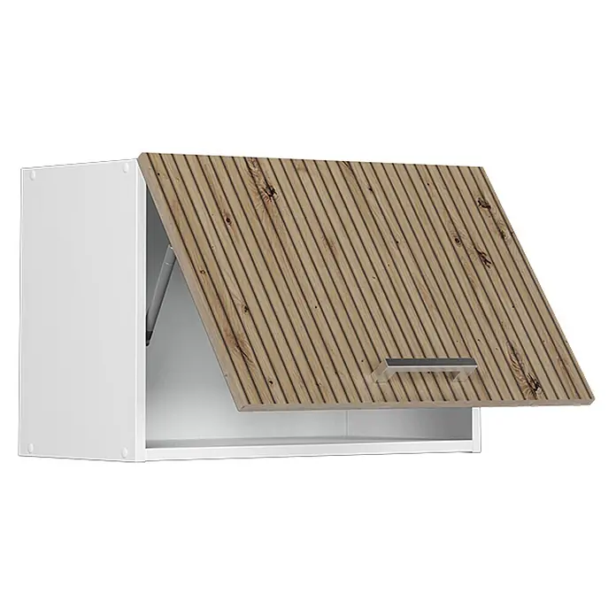 Vicco Schrankküche R-Line Artisan-Eiche Flach - Artisan-Eiche, Hängeschrank 60 cm (flach) - Weißer Wandschrank mit einer hellbraunen, geriffelten Holzoptik-Klapptür, teilweise geöffnet mit sichtbarem Mechanismus.