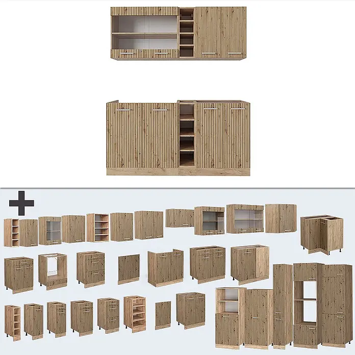 Vicco Singleküche R-Line Artisan-Eiche/Goldkraft Eiche, AP Anthrazit - Artisan-Eiche, Mit AP Anthrazit - Helle Küchenschränke aus Holz mit vertikaler Lamellentextur. Umfasst Wand-, Unter- und Hochschränke in verschiedenen Konfigurationen.