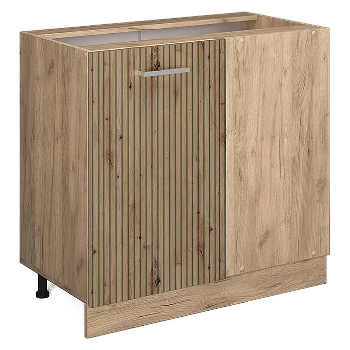 Vicco Schrankküche R-Line Artisan-Eiche ohne Arbeitsplatte - Artisan-Eiche, Eckunterschrank 86 cm - Heller Küchenunterschrank in Holzoptik mit geriffelter Frontplatte und silbernem Griff, inklusive Sockel und verstellbaren Füßen.