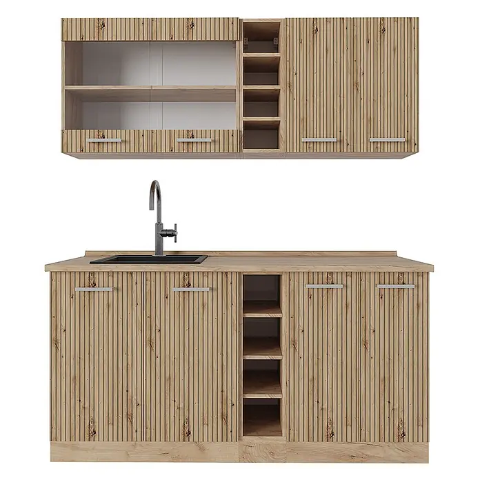 Vicco Singleküche R-Line Artisan-Eiche/Goldkraft Eiche, AP Eiche - Artisan-Eiche, Mit AP Eiche - Küchenschrank-Set aus hellem Holz mit geriffelter Textur, inklusive Spüle und offenen Regalen.