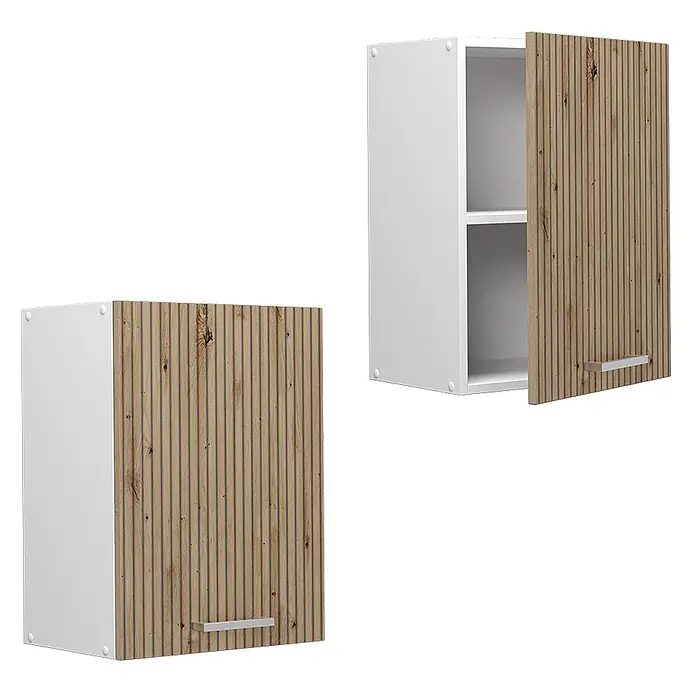 Vicco Schrankküche R-Line Artisan-Eiche - Artisan-Eiche, Hängeschrank 45 cm - Zwei weiße Hängeschränke mit hellen Holzlamellentüren, einer geschlossen, einer offen mit Regalböden.