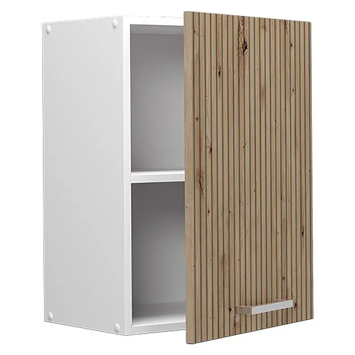 Vicco Schrankküche R-Line Artisan-Eiche - Artisan-Eiche, Hängeschrank 45 cm - Weißer Wandschrank mit teilweise geöffneter, geriffelter Holztür und silbernem Griff, der Regalböden zeigt.