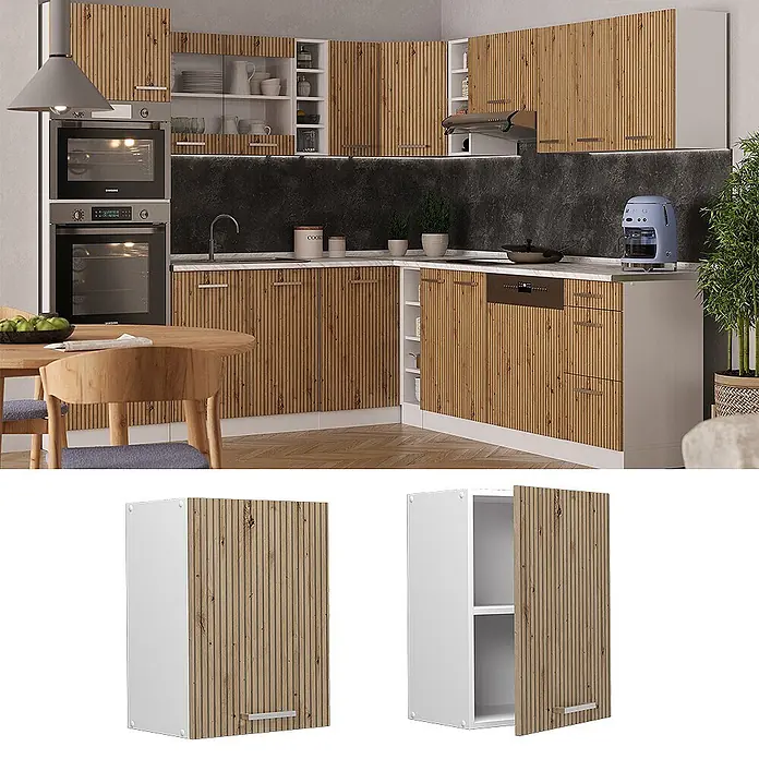 Vicco Schrankküche R-Line Artisan-Eiche - Artisan-Eiche, Hängeschrank 45 cm - Moderne L-förmige Küche mit Lamellenfronten aus Holz und weißen Rahmen, inklusive integrierter Öfen, Spüle und Geschirrspüler.