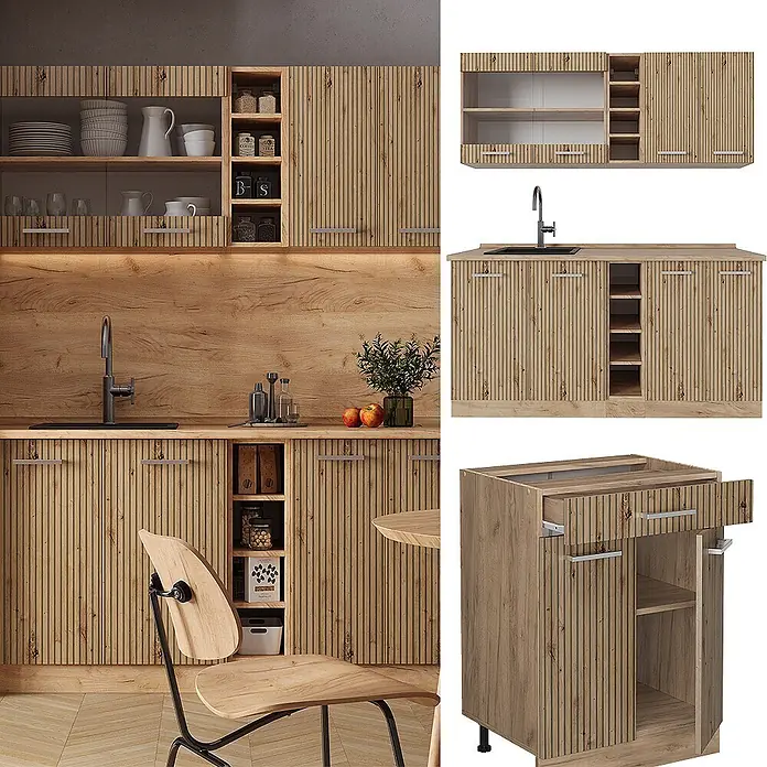 Vicco Singleküche R-Line Artisan-Eiche/Goldkraft Eiche, AP Anthrazit - Artisan-Eiche, Mit AP Anthrazit - Modernes Küchenschrank-Set aus hellem Holz mit gerilltem Design, offenen Regalen und integrierter Spüle.