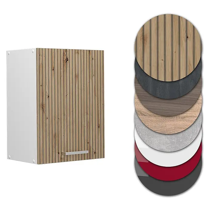 Vicco Schrankküche R-Line Artisan-Eiche - Artisan-Eiche, Hängeschrank 45 cm - Weißer Küchenschrank mit gerippter Holztür und Griff, zeigt Materialoptionen.
