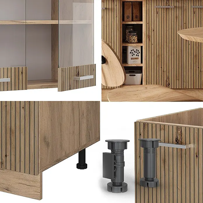 Vicco Singleküche R-Line Artisan-Eiche/Goldkraft Eiche, AP Anthrazit - Artisan-Eiche, Mit AP Anthrazit - Gerippter Schrank in heller Eichenoptik mit Glastüren und verstellbaren schwarzen Füßen.