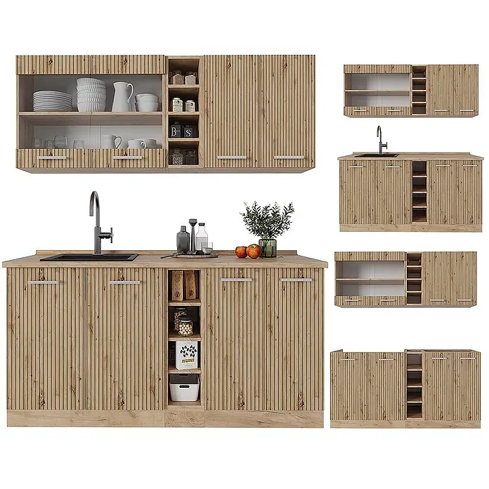 Vicco Singleküche R-Line Artisan-Eiche/Goldkraft Eiche, AP Anthrazit - Artisan-Eiche, Mit AP Anthrazit - Helle Holzküche-Schrankset mit geriffelter Textur, bestehend aus Unterschrank mit Spüle und Oberschrank mit offenen Fächern.