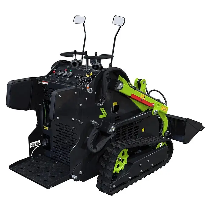 Zipper Kompaktlader ZI-MKL720 - 16,8 kW, Traglast: 220 kg - Kompakter schwarzer Raupenlader mit neongrünen Akzenten, Gummiketten und Bedienelementen für Bau- und Landschaftsarbeiten.