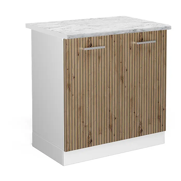 Vicco Schrankküche R-Line Artisan-Eiche, AP Marmor - Artisan-Eiche, Spülenunterschrank 80 cm, AP Marmor - Weißer Schrank mit Marmoroptik-Platte und zwei Holztüren mit Lamellenstruktur und silbernen Griffen.