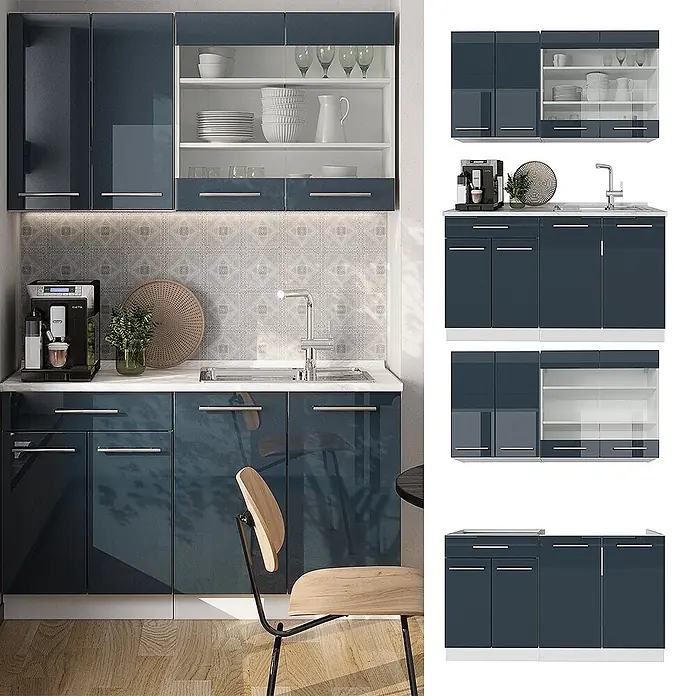 Vicco Singleküche Fame-Line Dunkelblau Hochglanz/Weiß, AP Eiche - Breite: 140 cm, Dunkelblau Hochglanz, Mit AP Eiche - Modulares Küchenschrank-Set in glänzendem Dunkelblau, teils mit Glasfronten oben. Enthält Unter- und Hängeschränke.