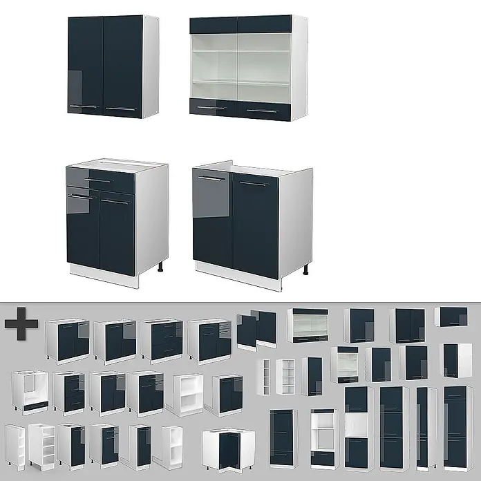 Vicco Singleküche Fame-Line Dunkelblau Hochglanz/Weiß, AP Eiche - Breite: 140 cm, Dunkelblau Hochglanz, Mit AP Eiche - Modulares Küchenschrank-Set mit dunkelblauen Fronten, weißen Korpen und teils Glastüren, inkl. Ober-, Unter- und Eckschränken.