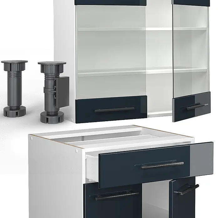 Vicco Singleküche Fame-Line Dunkelblau Hochglanz/Weiß, AP Eiche - Breite: 140 cm, Dunkelblau Hochglanz, Mit AP Eiche - Weiße Küchenschränke mit dunkelblauen Hochglanzfronten, Glastüren und verstellbaren dunkelgrauen Kunststofffüßen.