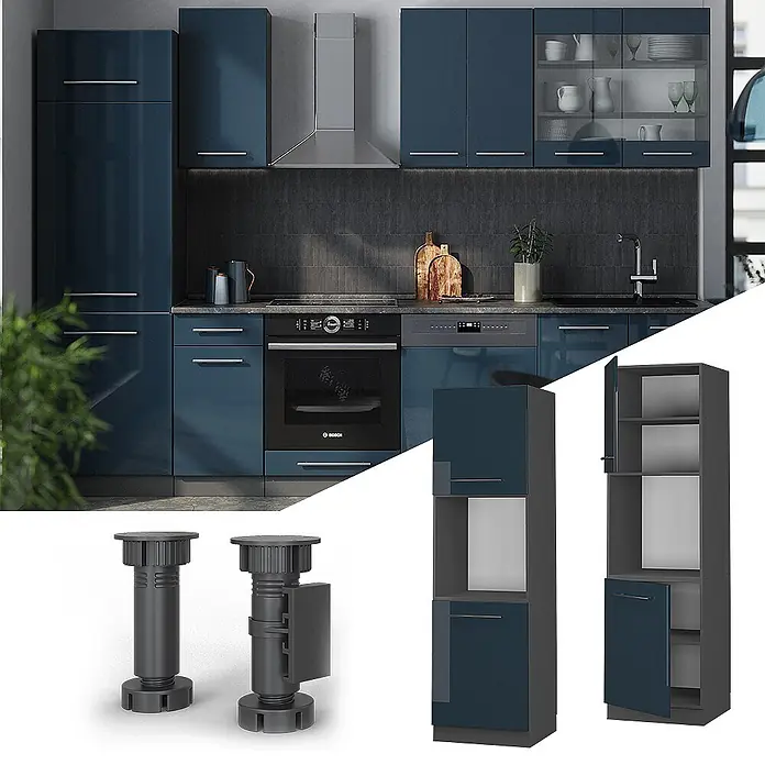 Vicco Schrankküche Fame-Line Dunkelblau Hochglanz offen - Dunkelblau Hochglanz, Herdumbauschrank hoch 60 cm offen - Moderne Küche mit glänzenden marineblauen Schränken, integrierten Geräten, hohen Stauraum-Einheiten und verstellbaren Füßen.