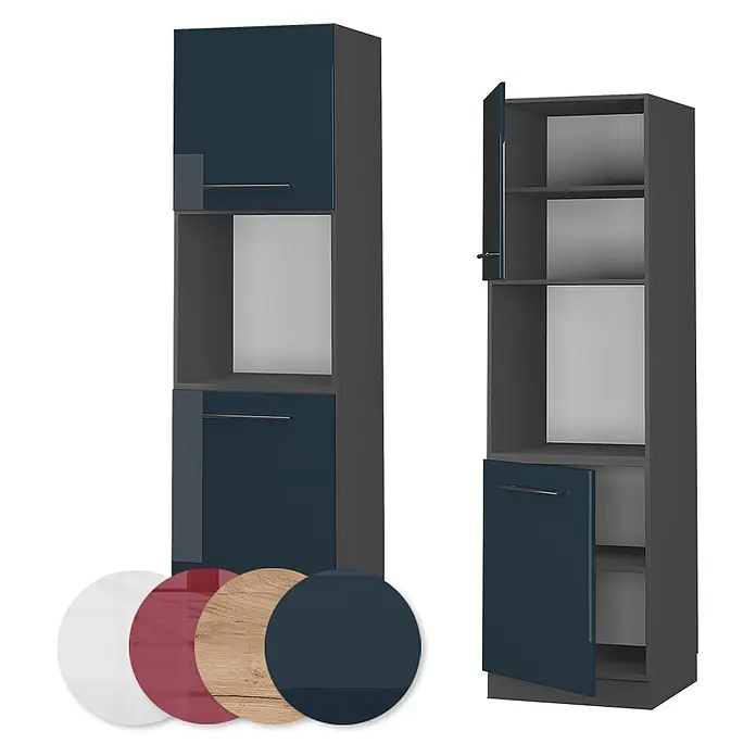 Vicco Schrankküche Fame-Line Dunkelblau Hochglanz offen - Dunkelblau Hochglanz, Herdumbauschrank hoch 60 cm offen - Hoher Küchenschrank mit dunkelblauen Hochglanztüren und grauem Korpus. Inklusive Farb- und Materialmuster.