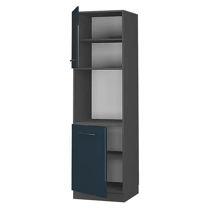 Vicco Schrankküche Fame-Line Dunkelblau Hochglanz offen - Dunkelblau Hochglanz, Herdumbauschrank hoch 60 cm offen - Hoher dunkelgrauer Schrank mit zwei dunkelblauen Türen (oben und unten) und offenen Fächern.