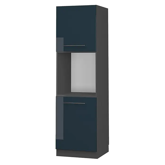 Vicco Schrankküche Fame-Line Dunkelblau Hochglanz offen - Dunkelblau Hochglanz, Herdumbauschrank hoch 60 cm offen - Hoher dunkelgrauer Geräteschrank mit dunkelblauen Türen, grauen Akzenten und silbernen Griffen.
