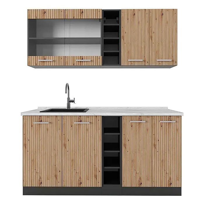 Vicco Singleküche R-Line Artisan Eiche/Anthrazit, AP Marmor - Breite: 160 cm, Artisan-Eiche, Mit AP Marmor - Moderne Küchenzeile mit hellen Holzlamellentüren, dunkelgrauen Regalen und einer weißen Arbeitsplatte mit schwarzer Spüle und Armatur.