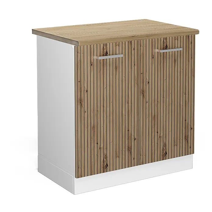 Vicco Schrankküche R-Line Artisan-Eiche, AP Eiche - Artisan-Eiche, Spülenunterschrank 80 cm, AP Eiche - Weißer Lagerschrank mit heller Holzplatte und gerippten Holztüren mit silbernen Griffen.
