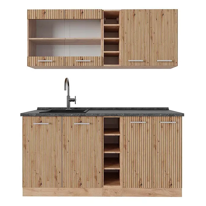 Vicco Singleküche R-Line Artisan-Eiche/Goldkraft Eiche, AP Anthrazit - Artisan-Eiche, Mit AP Anthrazit - Helle Holzküche mit Rillenfronten, dunkler Arbeitsplatte und integriertem Spülbecken.