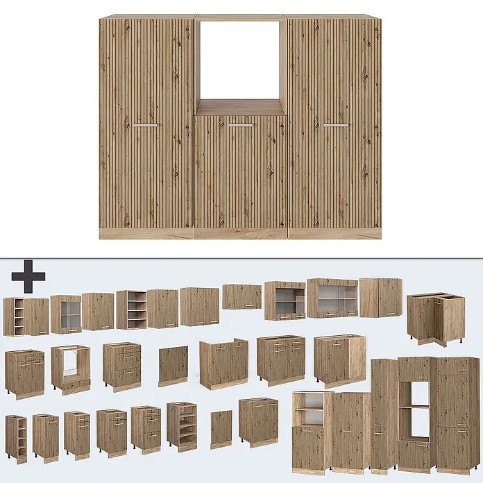 Vicco Küchenleerblock R-Line Artisan-Eiche/Goldkraft Eiche ohne Arbeitsplatte - Artisan-Eiche - Modulares Küchenschranksystem aus hellem Holz mit gerippter Textur, zeigt verschiedene Einheiten für flexible Aufbewahrung.