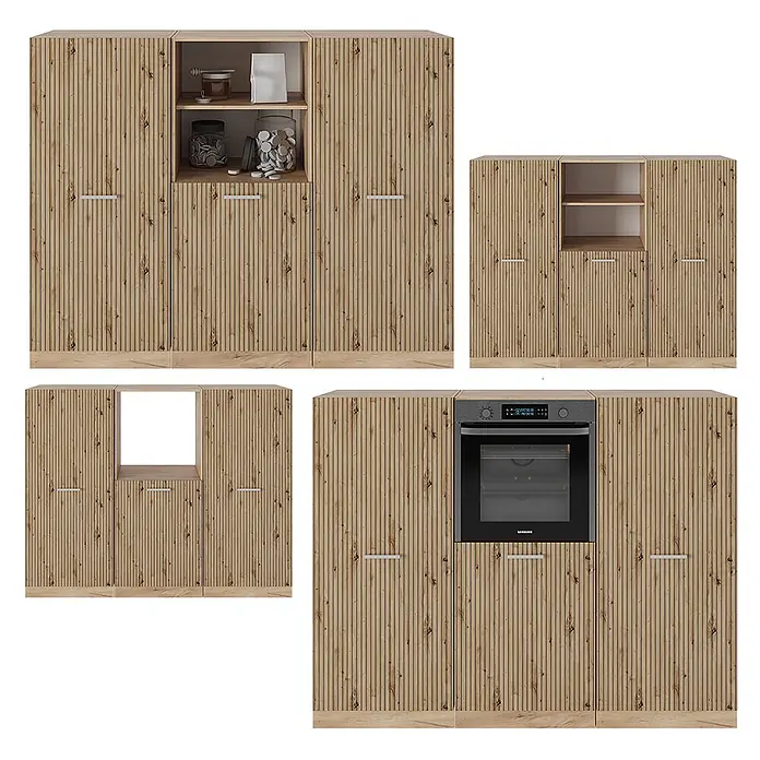 Vicco Küchenleerblock R-Line Artisan-Eiche/Goldkraft Eiche ohne Arbeitsplatte - Artisan-Eiche - Satz modularer Küchenschränke aus hellem Holz mit Lamellenfronten, inkl. Einheiten mit offenen Regalen, integriertem Backofen u. rechteckiger Aussparung.