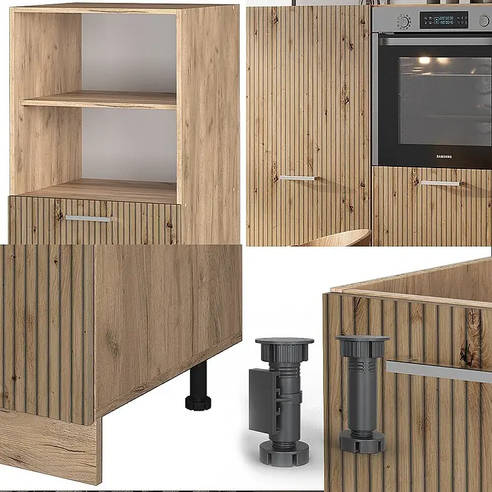 Vicco Küchenleerblock R-Line Artisan-Eiche/Goldkraft Eiche ohne Arbeitsplatte - Artisan-Eiche - Modulare Küchenschränke in heller Holzoptik mit gerippten Fronten, silbernen Griffen und verstellbaren grauen Möbelfüßen.