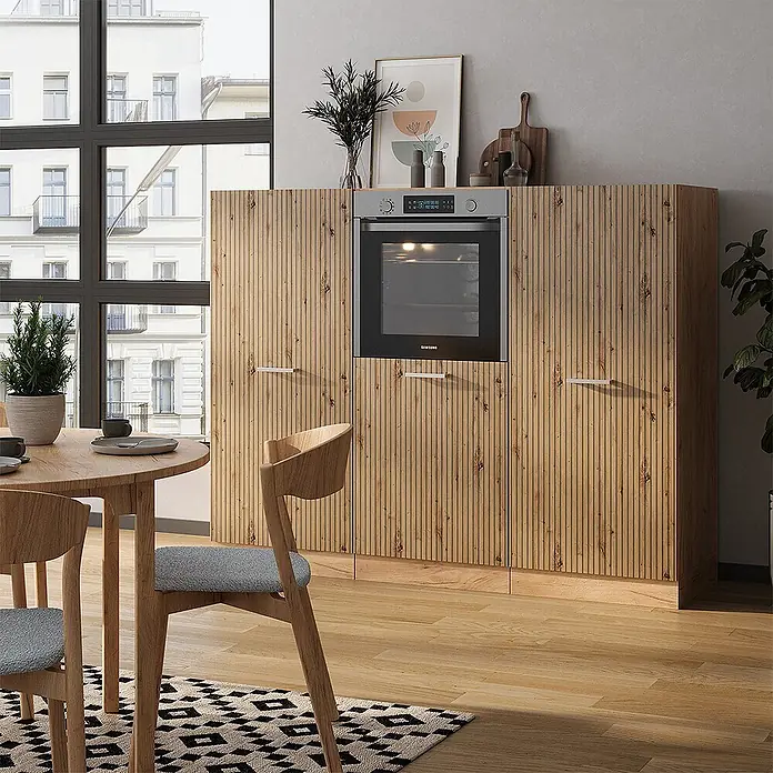 Vicco Küchenleerblock R-Line Artisan-Eiche/Goldkraft Eiche ohne Arbeitsplatte - Artisan-Eiche - Moderne Küchenschränke mit vertikalen Holzlamellen und integriertem silbernen Samsung Backofen.