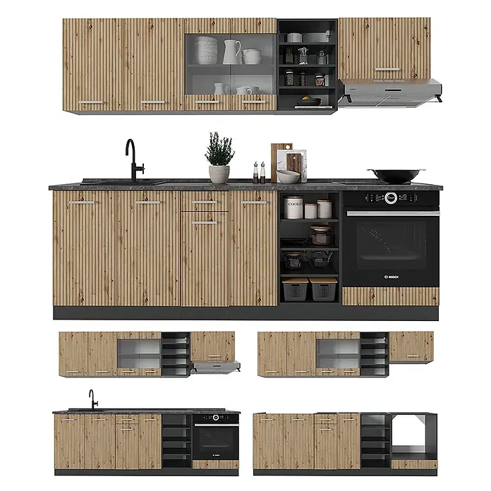 Vicco Küchenzeile R-Line Artisan Eiche/Anthrazit, AP Anthrazit - Artisan-Eiche, Ohne Elektrogeräte - Moderne Küchenzeile mit hellen Holzlamellenfronten, dunkler Arbeitsplatte und integrierten Geräten wie Backofen, Kochfeld und Spüle.