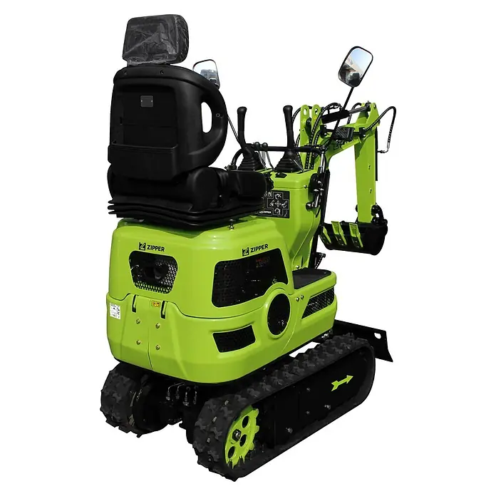 Zipper Minibagger ZI-MBG600H - 6,8 kW, Benzin, Auslegerschwenkbereich: -65 ° - 65 ° - Hellgrüner ZIPPER Minibagger mit schwarzen Raupen, Sitz und Bedienelementen für Grabarbeiten.