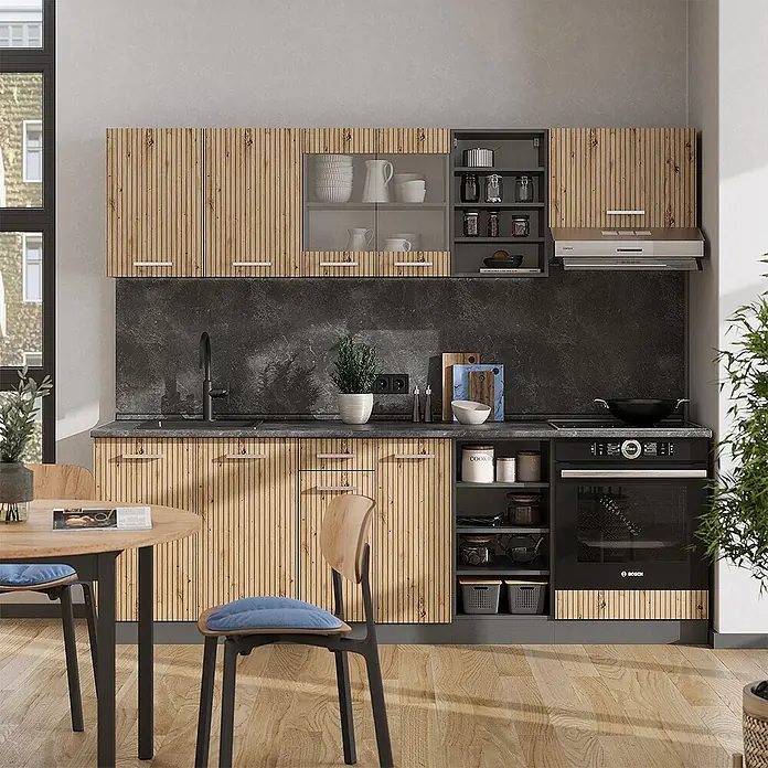 Vicco Küchenzeile R-Line Artisan Eiche/Anthrazit, AP Anthrazit - Artisan-Eiche, Ohne Elektrogeräte - Moderne Küche mit hellen Holzlamellenfronten, dunkler Arbeitsplatte, Spüle und Backofen.