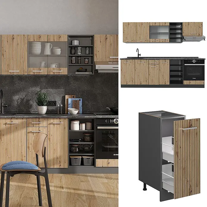 Vicco Küchenzeile R-Line Artisan Eiche/Anthrazit, AP Eiche - Breite: 240 cm, Artisan-Eiche, Ohne Elektrogeräte - Moderne Küchenmöbel mit hellen Holzlamellenfronten und dunkelgrauen Details, in Küche und als Einzelteile gezeigt.
