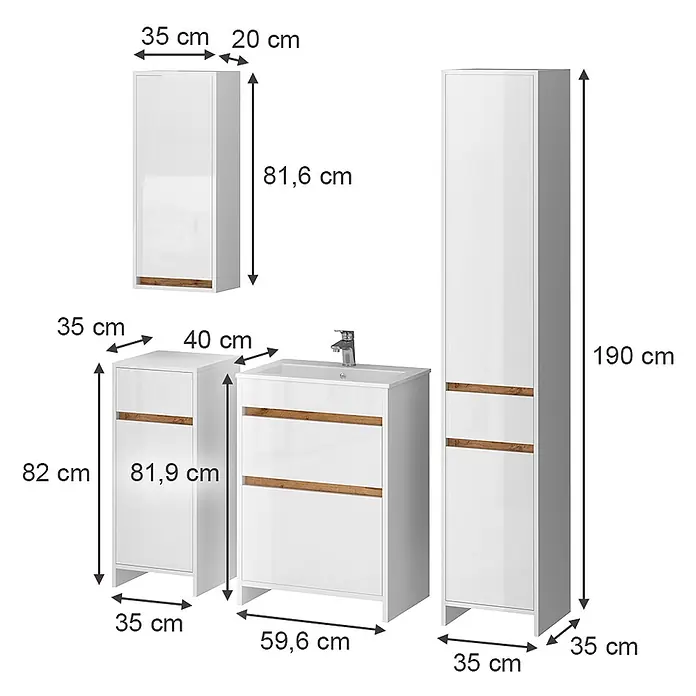 Vicco Badmöbel-Set Detmold Weiß Hochglanz/Goldkraft Eiche 5er-Set - Weiß Hochglanz, Glänzend - Weißes Badmöbel-Set mit Holzdetails: Waschtisch, Hochschrank, Hänge- & Seitenschrank.