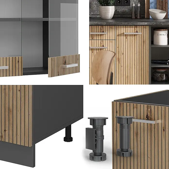 Vicco Küchenzeile R-Line Artisan Eiche/Anthrazit, AP Anthrazit - Artisan-Eiche, Ohne Elektrogeräte - Moderne Küchenschränke mit gerippten Holzfronten, dunkelgrauen Korpi und Glastüren. Inklusive verstellbarer Füße und silbernen Griffen.