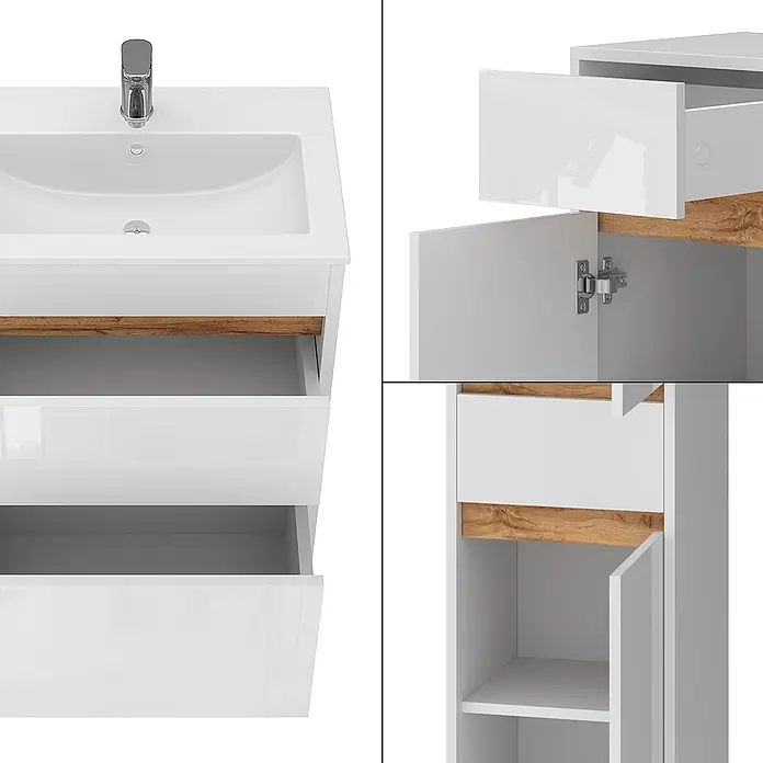 Vicco Badmöbel-Set Detmold Weiß Hochglanz/Goldkraft Eiche 5er-Set - Weiß Hochglanz, Glänzend - Weißer Hochglanz-Waschtischunterschrank mit integriertem Waschbecken und Holzdetails, ergänzt durch passenden Hochschrank mit offenen Schubladen und Türen.