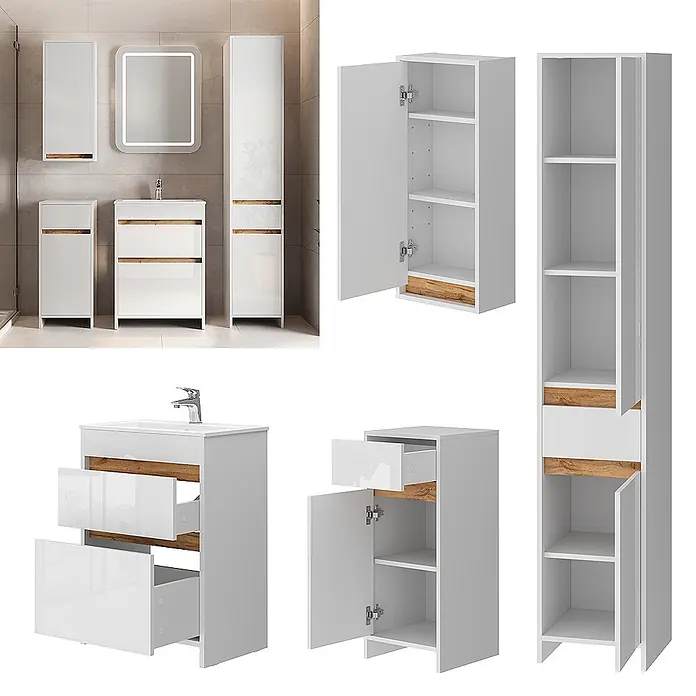 Vicco Badmöbel-Set Detmold Weiß Hochglanz/Goldkraft Eiche 5er-Set - Weiß Hochglanz, Glänzend - Modernes weißglänzendes Badmöbelset mit Holzdetails, inkl. Waschtisch, Hochschrank und kleineren Schränken, teils mit geöffneten Türen/Schubladen.