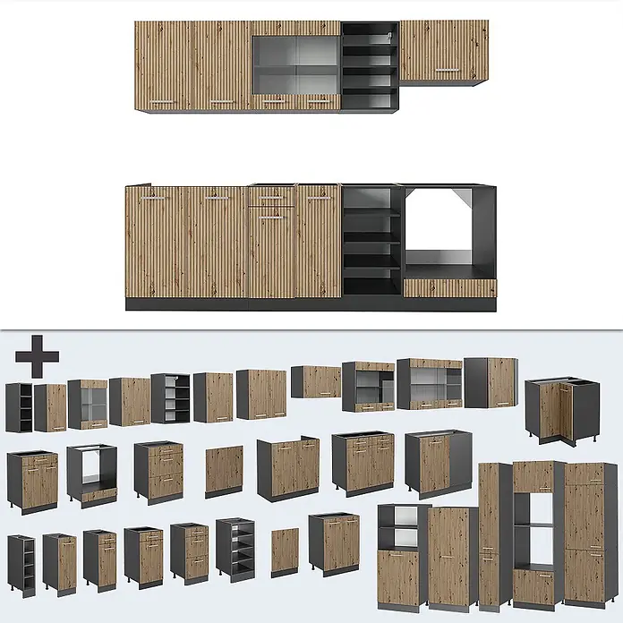 Vicco Küchenzeile R-Line Artisan Eiche/Anthrazit, AP Anthrazit - Artisan-Eiche, Ohne Elektrogeräte - Modulares Küchenset mit geriffelten hellen Holzfronten und dunkelgrauen Rahmen, verschiedene Schranktypen.
