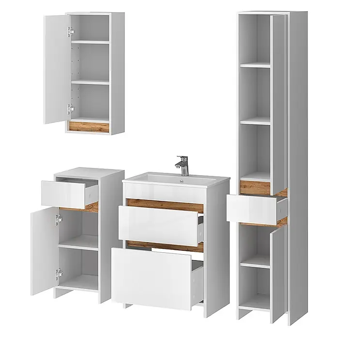 Vicco Badmöbel-Set Detmold Weiß Hochglanz/Goldkraft Eiche 5er-Set - Weiß Hochglanz, Glänzend - Glänzendes weißes Badezimmermöbel-Set mit Holzoptik-Akzenten, Waschbeckenunterschrank, Hochschränken und Wandschrank, teils offen.