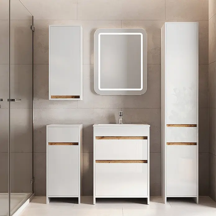 Vicco Badmöbel-Set Detmold Weiß Hochglanz/Goldkraft Eiche 5er-Set - Weiß Hochglanz, Glänzend - Modernes weißes Badmöbelset mit Holzdetails: Waschtisch, Hochschrank, Hängeschrank und LED-Spiegel.