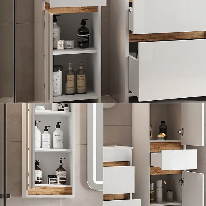 Vicco Badmöbel-Set Detmold Weiß Hochglanz/Goldkraft Eiche 5er-Set - Weiß Hochglanz, Glänzend - Weißer Badezimmerschrank mit Eichenakzenten, offenen Fächern, Türen und Schublade zur geordneten Aufbewahrung.
