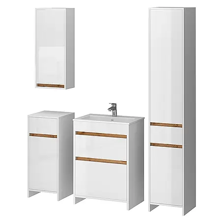 Vicco  Badmöbel-Set Detmold Weiß Hochglanz/Goldkraft Eiche 5er-Set