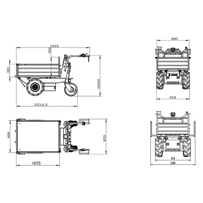 Zipper Raddumper ZI-ED600 - 48 V, 1 Akku, Traglast: 600 kg, Fassungsvermögen: 220 l - Technische Zeichnung eines motorisierten Schubkarrens/Minidumpers mit Ladefläche, Seiten-, Ober-, Vorder- und Rückansichten mit Bemaßungen.